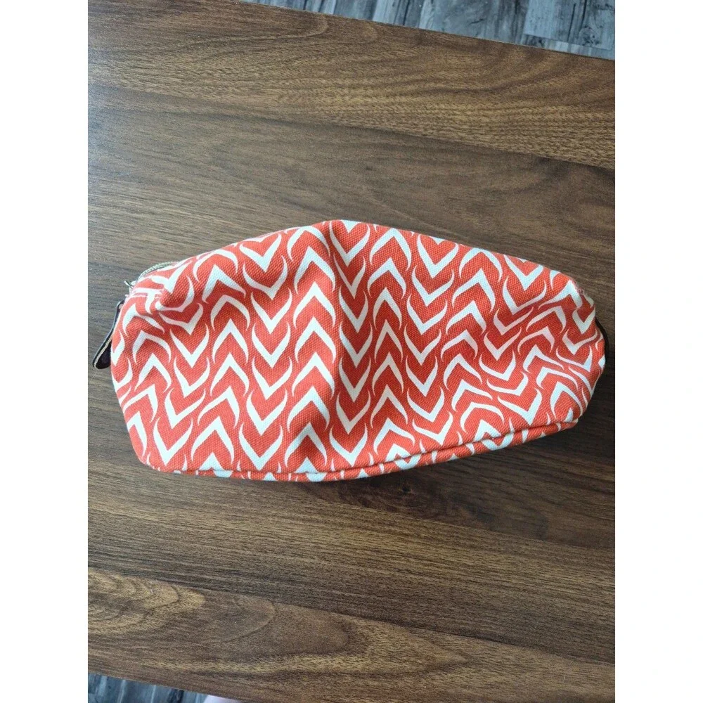 Ame & Lulu Cosmetic Makeup Bag Travel Pouch Canvas Orange White Geometric Zipper